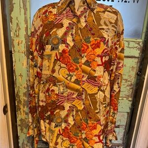 100% Silk Vintage Ellen Tracy Women's Multicolor Vintage Print Button Down Shirt